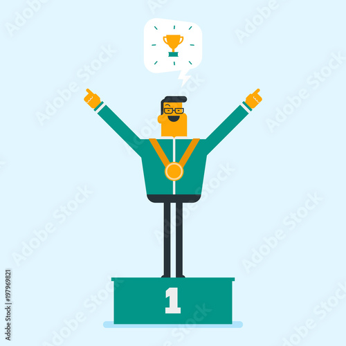 Young cheerful caucasian white sportsman standing on the winners podium with raised hands. Excited smiling person rewarded with a gold medal. Winner concept. Vector cartoon illustration. Square layout