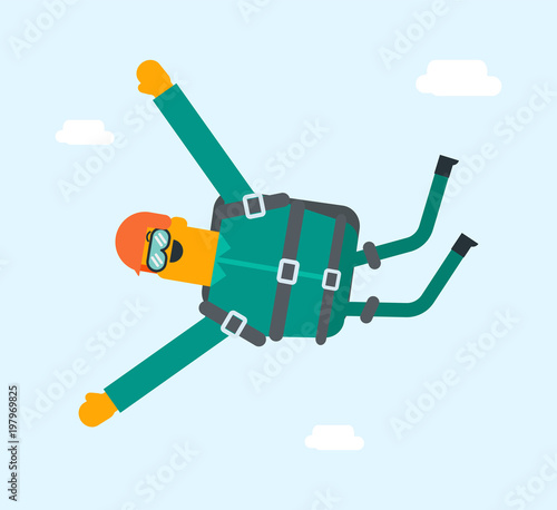 Caucasian white sportsman performing skydive. Young happy man paragliding on a parachute in the sky. Professional parachutists flying with a parachute. Vector cartoon illustration. Square layout.