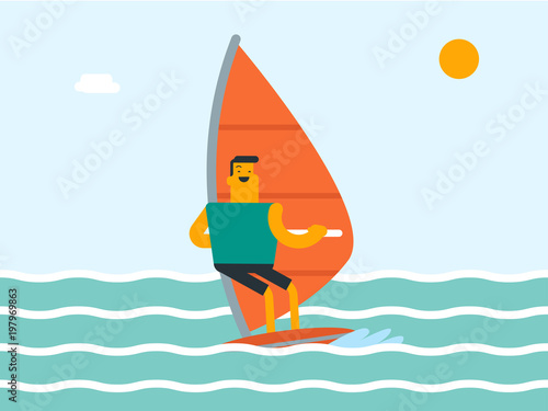 Caucasian white sportsman windsurfing in the sea in a summer day. Windsurfer training on the water. Man standing on the board with a sail for surfing. Vector cartoon illustration. Horizontal layout.