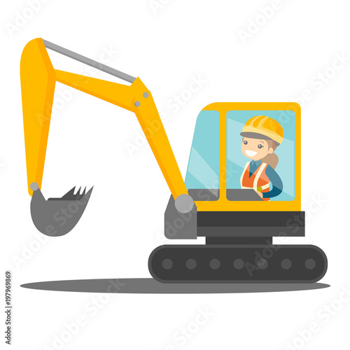 Caucasian smiling female miner in hard hat standing on the background of a big excavator. Confident female miner with crossed arms standing near coal. Vector cartoon illustration. Square layout.