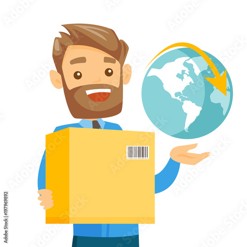 Young caucasian white woman holding box with parcel and world globe. International delivery service and global business concept. Vector cartoon illustration isolated on white background. Square layout