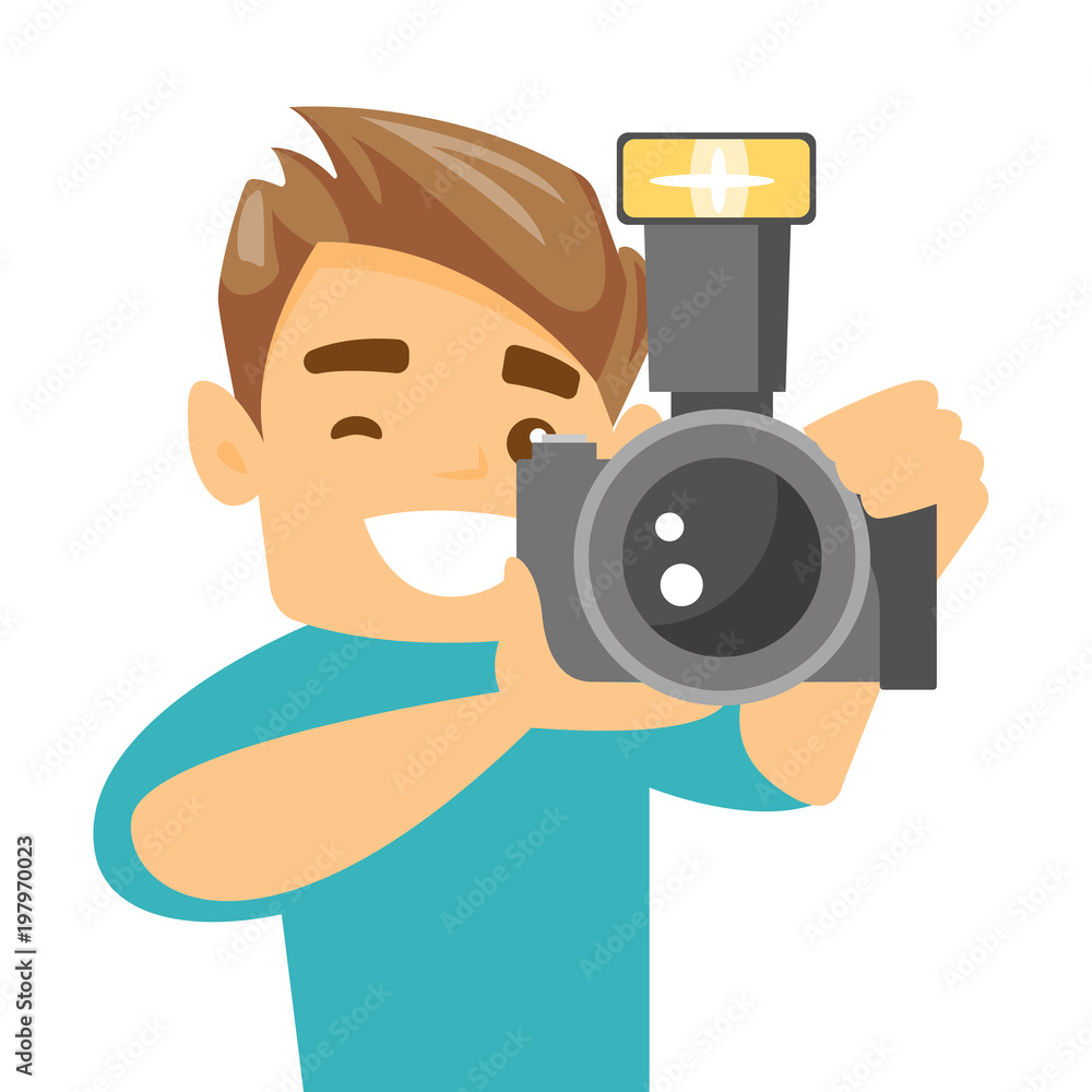 Female photographer taking a photo. Young photographer taking a picture.  Caucasian photographer working with digital camera. Vector cartoon  illustration. Square layout. Stock Vector | Adobe Stock