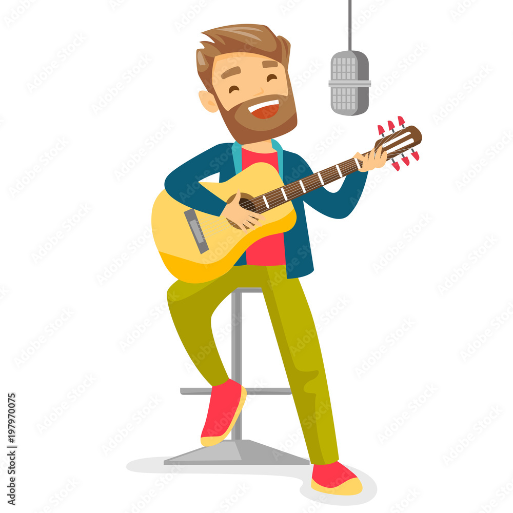 Caucasian woman playing guitar. Guitar player singing song and playing an  acoustic guitar. Singer singing into a microphone and playing acoustic  guitar. Vector cartoon illustration. Square layout. Stock Vector | Adobe  Stock