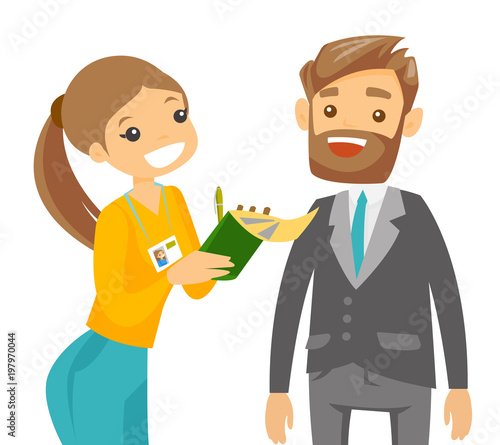 Professional caucasian reporter with microphone interviews a man. Female operator filming interview. Journalist making interview with businessman. Vector cartoon illustration. Square layout.