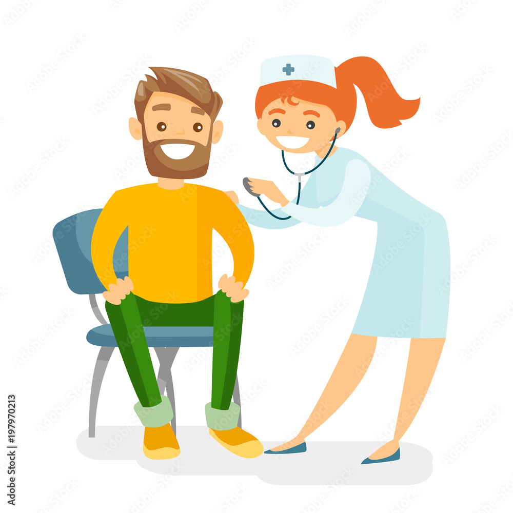 Young caucasian white doctor listening to the heart beat of a frightened patient with a stethoscope. Scared patient visiting a doctor to check the heart. Vector cartoon illustration. Square layout.