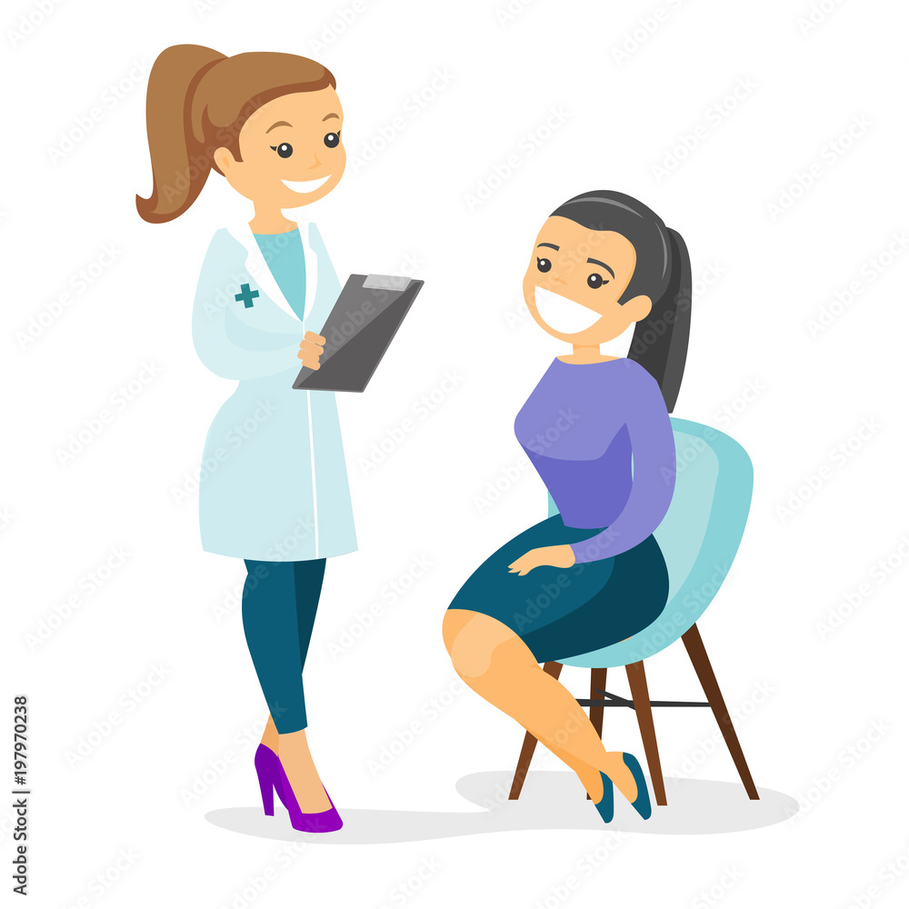 Caucasian doctor consulting female patient in office. Doctor talking to  smiling patient. Doctor communicating with patient about her state of  health. Vector cartoon illustration. Square layout. Stock Vector | Adobe  Stock
