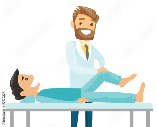 Caucasian white physiotherapist doctor checking the ankle of a patient. Physio giving a leg massage to a patient. Medicine and health care concept. Vector cartoon illustration. Horizontal layout.