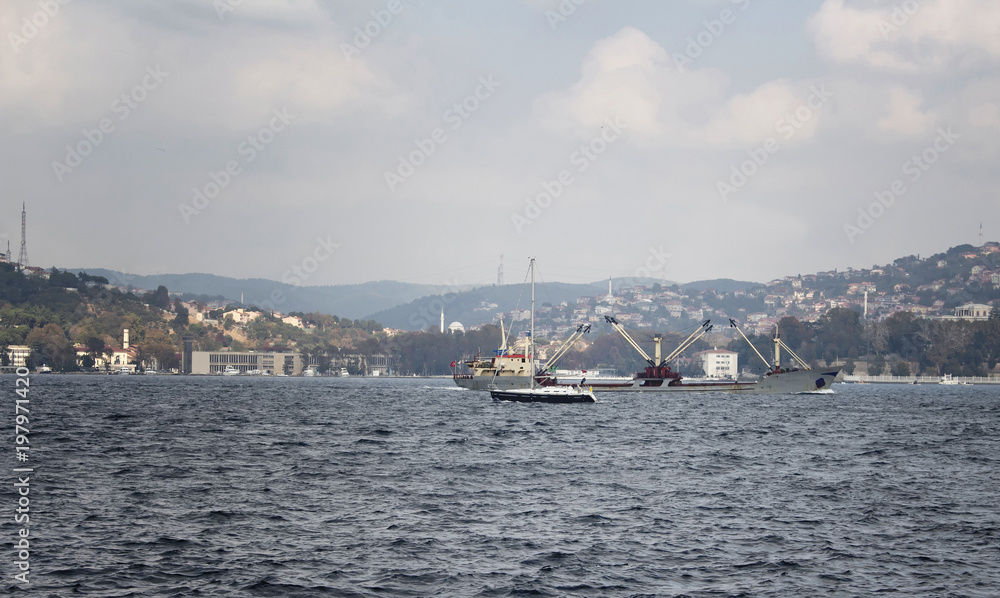 Dry cargo vessel and motorboat pass Bosphorus strait in Tarabya area of Istanbul.