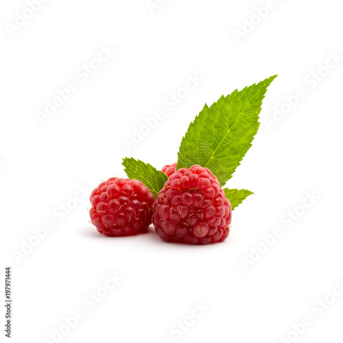 Photo of fresh red raspberry with leaves isolated on white background