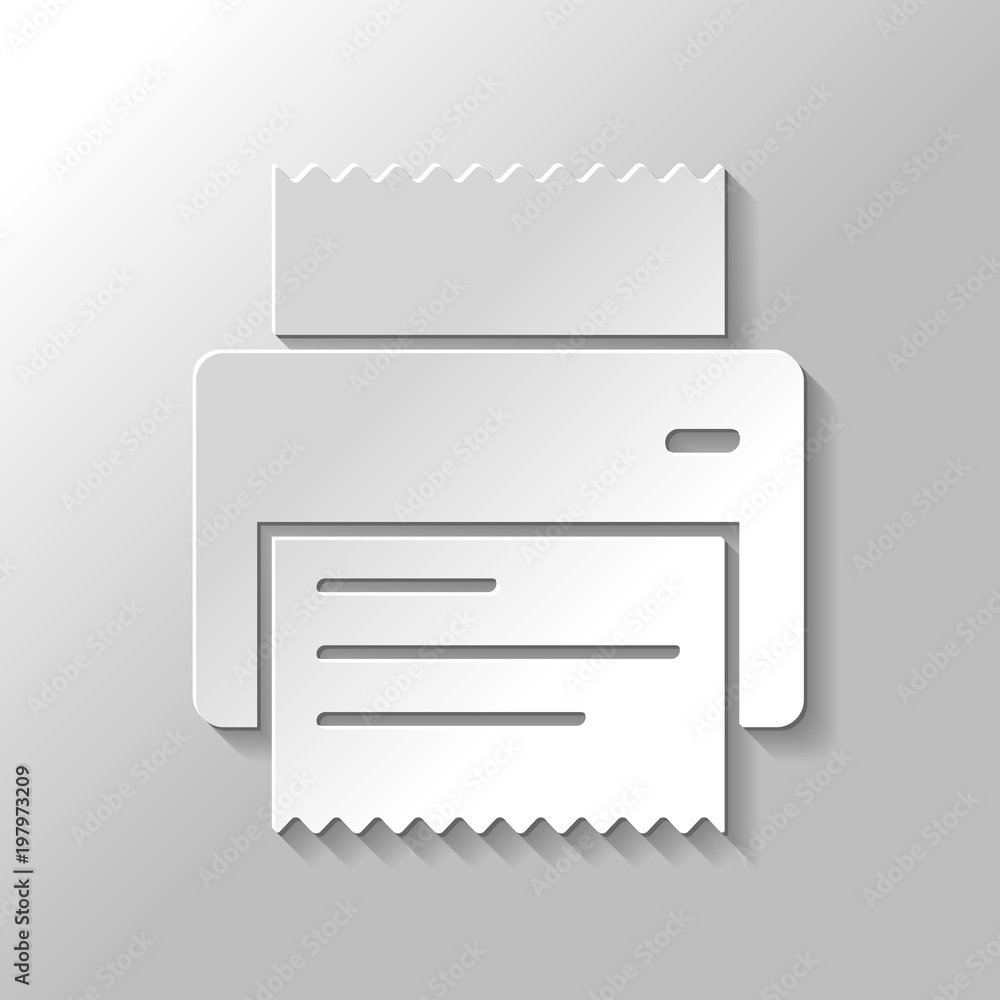 printer, receipt, simple icon. Paper style with shadow on gray background printer, receipt, simple icon. Paper style with shadow on gray background