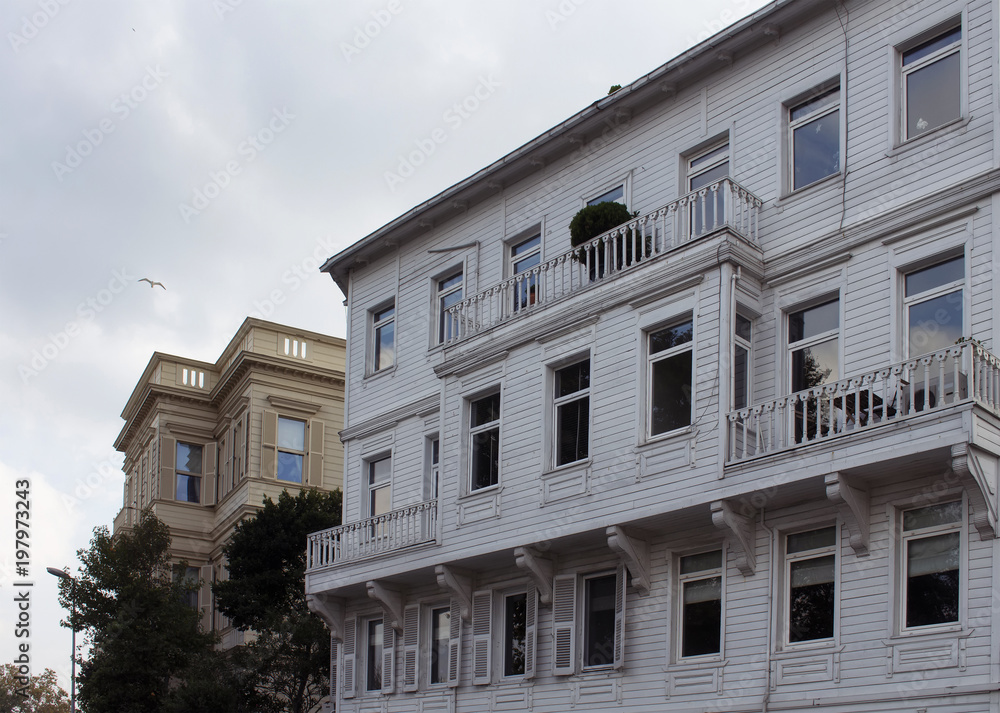Fototapeta premium View of old, historical, wooden buildings by Bosphorus in Istanbul.