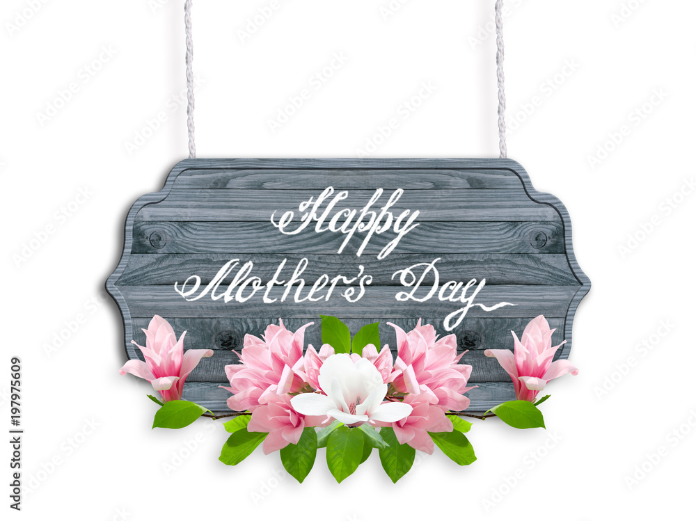 Φωτογραφία Wooden signboard with greeting text for Mother's day and magnolia flowers isolated on white background