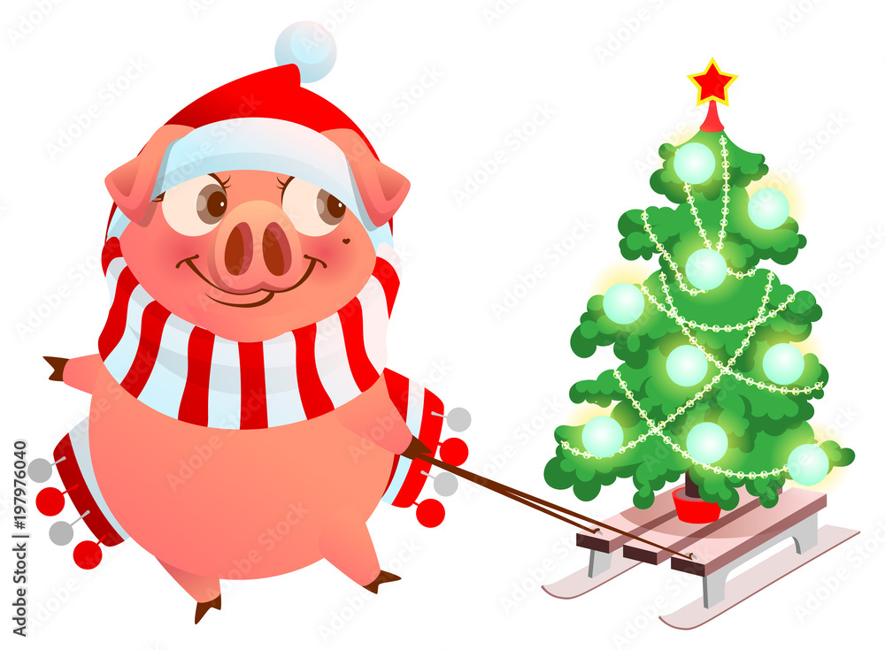 Φωτογραφία Pink pig symbol of 2019 year. Fun pig sled Christmas tree spruce