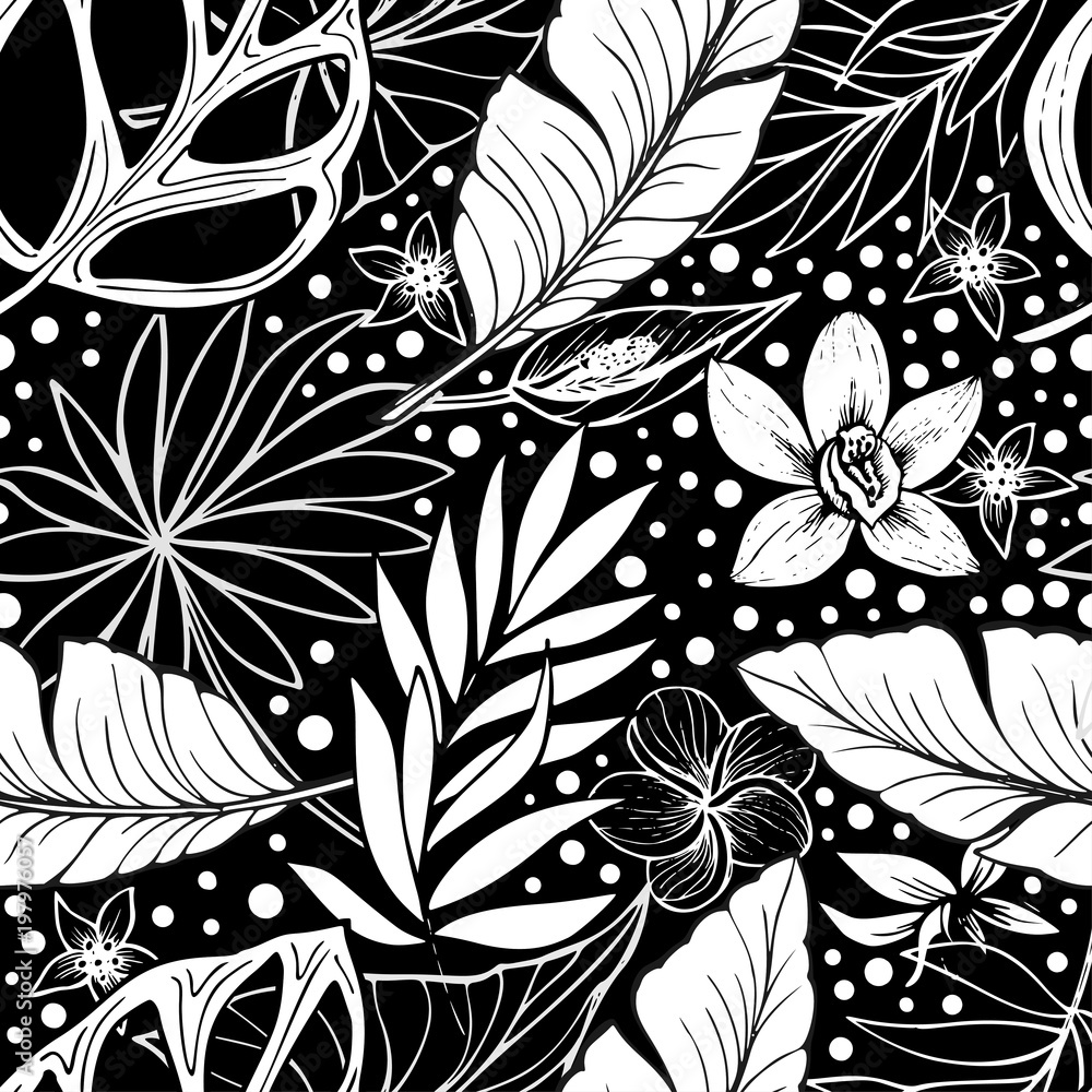 Φωτογραφία vector seamless beautiful artistic bright tropical pattern with banana, Syngonium and Dracaena leaf, summer beach fun, black and white original stylish floral background print