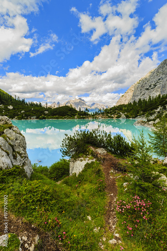 Lago di Sorapiss with amazing  turquoise color of water. The mountain lake in Dolomite Alps. Italy photo