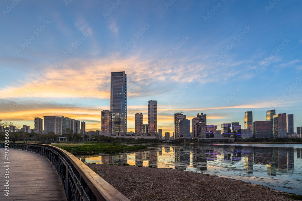 Fototapeta premium urban skyline and modern buildings at dusk, cityscape of China.