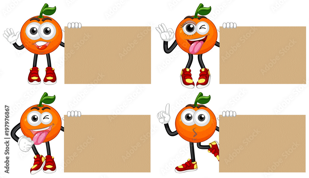 Fototapeta premium Four blank cardboards with fresh oranges