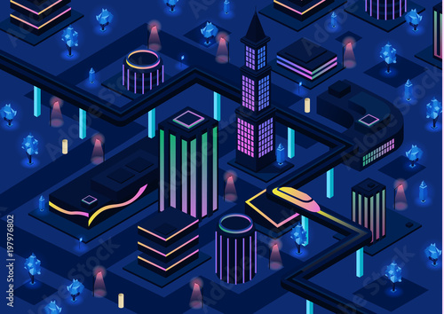 Isometric futuristic night city vector illustration of 3D future urban infrastructure transportation and smart illumination technology. Residential town buildings for isometric innovation flat design