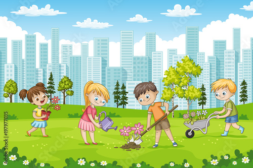 Fototapeta Naklejka Na Ścianę i Meble -  Children are planting flowers in a park