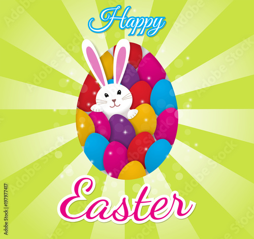 Easter greeting card with colorful eggs and a bunny bunny