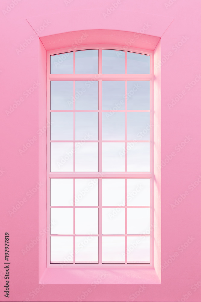 Fotografie View form window, pastel pearl pink walls 3d render