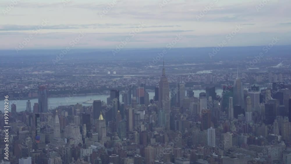 New York City daytime overacast aerial view of Midtown Manhattan skyscrapers New York City daytime overacast aerial view of Midtown Manhattan skyscrapers