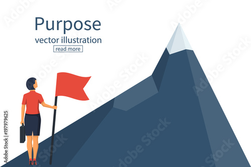 Purposeful businesswoman with flag in hand. Beginning of way to achievement of goal. Standing in front climb to mountain. Purpose concept. Vector illustration flat design. Aspirational people. Mission