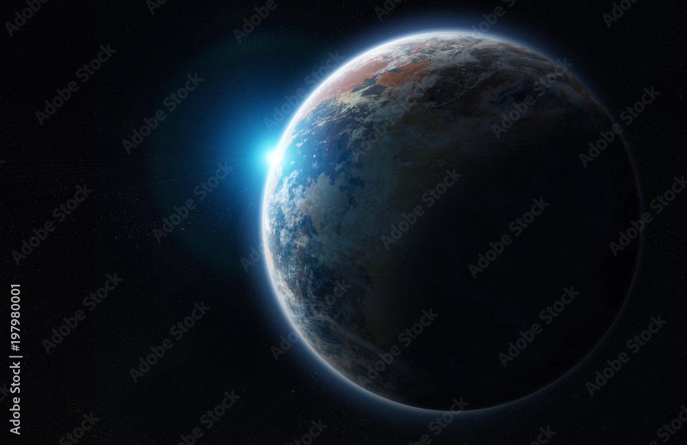 Fototapeta premium Distant planet system in space with exoplanets 3D rendering elements of this image furnished by NASA