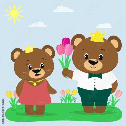 Two brown bears in the crown and clothes in the summer glade. A boy gives tulips to a girl.
