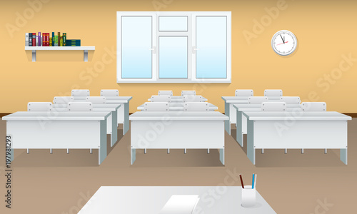 Empty school classroom. Realistic Classroom interior with large window and front view. Meeting room.