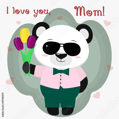 Fototapeta Naklejka Na Ścianę i Meble -  Sweet panda holds three tulips. Congratulations on your mother's day, in the style of cartoons.