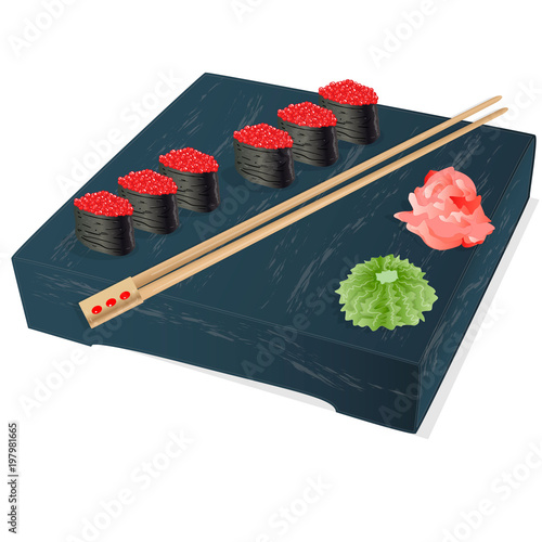 Illustration of roll sushi with salmon, prawn, avocado, cream cheese. Sushi menu. Japanese food isolated.