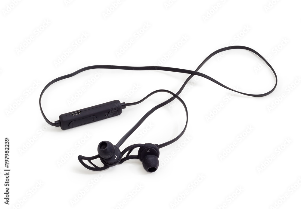Black wireless earphones on a white background Black wireless earphones on a white background