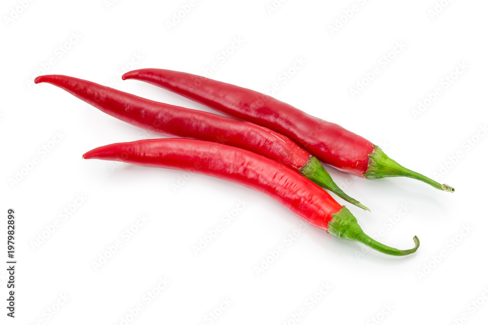 Three red peppers chili on a white background