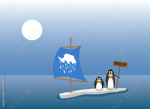 two penguins are left behind on the last ice floe after all the ice berg has melted. global warming concept, climate change
