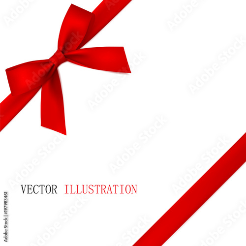 Red bow with diagonally ribbon on the corner. Vector.