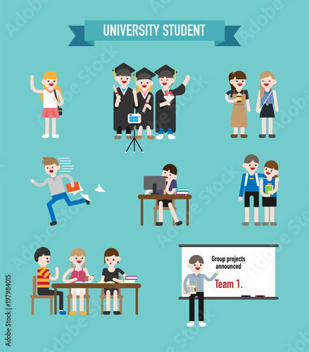Campus life of college students. vector flat design illustration set 