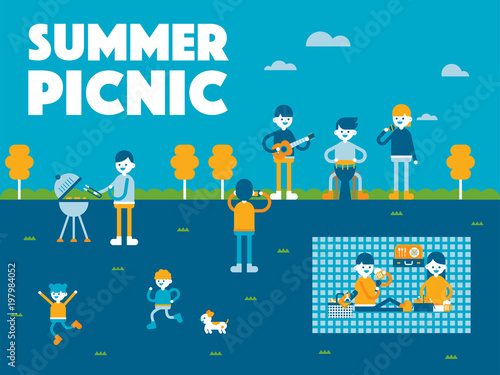 summer picnic concept poster vector flat design illustration set 