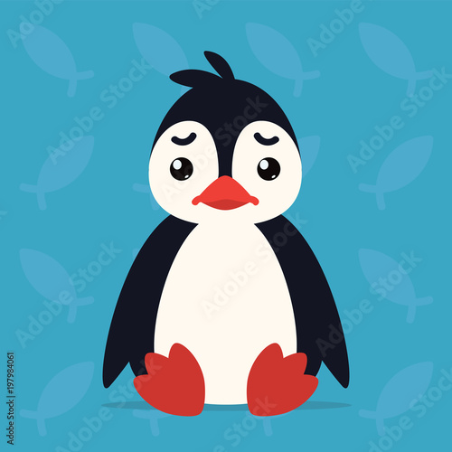Cute penguin sitting sad. Vector illustration of arctic bird shows unhappy emotion. Sadness emoji. Smiley icon. Print, chat, communication. Penguin in flat cartoon style on blue background.