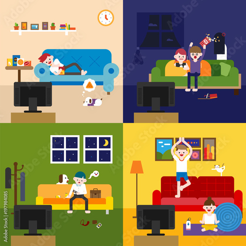 Man watching television at home. vector flat design illustration set  photo