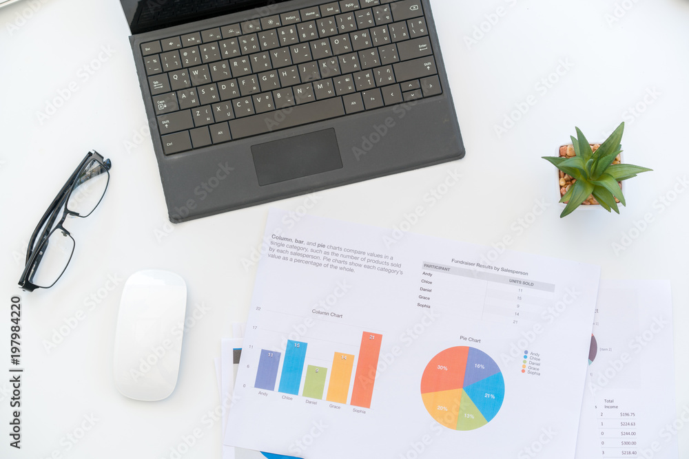 White Workspace with laptop and chart White Workspace with laptop and chart