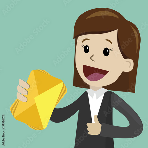 Businesswoman has a lot of emails. He found the one. Job is finished successfull