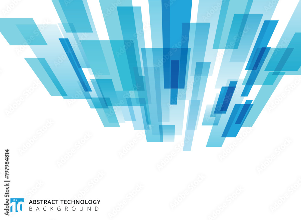 Fototapeta premium Abstrakcjonistycznej technologii pionowo perspektywa pokrywająca się geometryczni kwadraty kształtuje błękitnego kolor na białym tle z kopii przestrzenią.