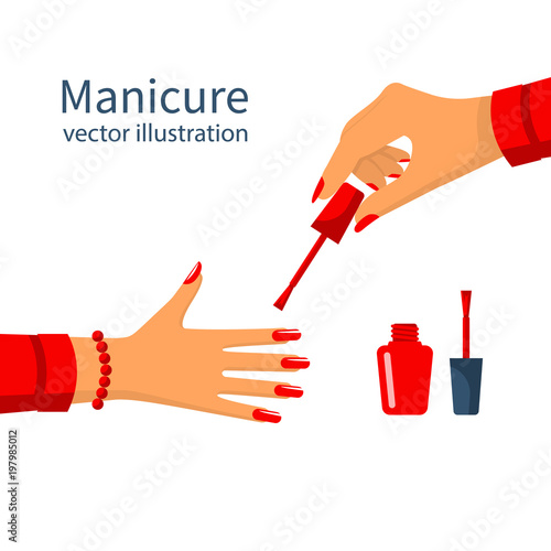 Manicure poster. Template cosmetic products  body care web design. Elegant woman hands painting nails. Beauty female. Vector illustration flat style. Isolated on white background.