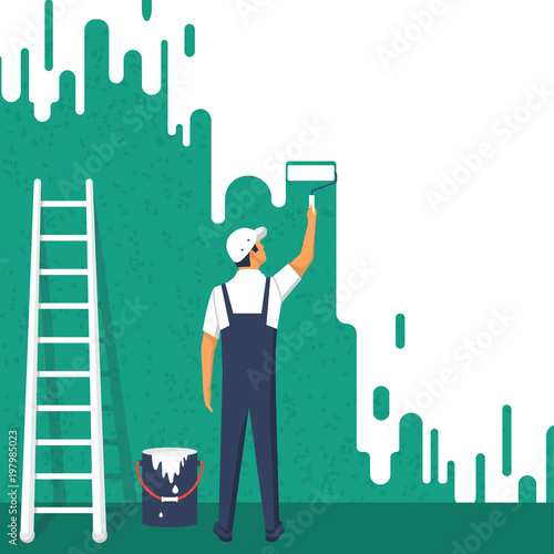 Painter colors the wall. A man is holding a paint roller in hand. Staircase a bucket. Vector illustration of flat design style. Human runs to provide construction work. Customer Service.