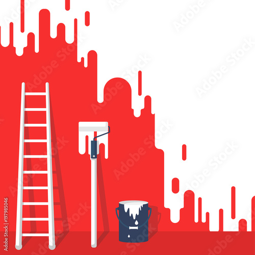 Painting service. Paintwork template. Vector illustration flat design. Banner for promotion. Painted wall with a staircase, a roller, a bucket of paint.