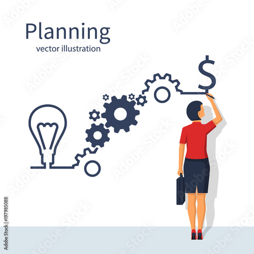 Businesswoman draws business strategy. Planning development of ideas. Process in form of infographics on steps. Vector illustration flat design. Isolated on white background. Successful people.