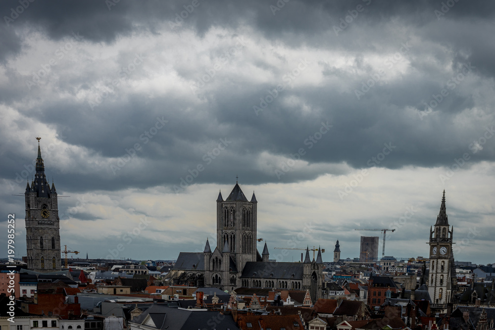 The skyline of Ghent viewed on a cloudy day