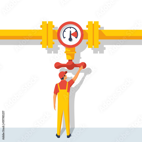 Man working standing on the pipeline opening the valve. Gas pipeline. Oil and gas operations. Flow control. Vector illustration flat design. Isolated on white background. 
