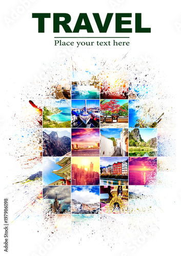 Background with many photos from vacation from different parts of the world with  effect of splashes on white background. Design, advertising, concept